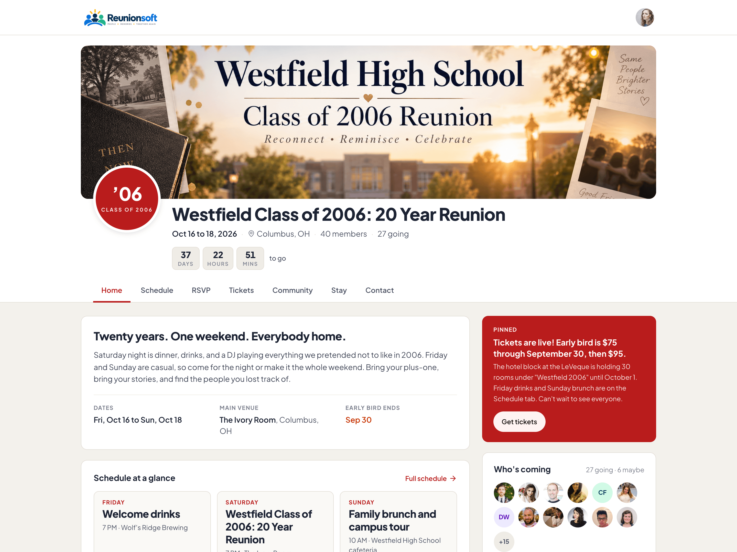 A class reunion site on Reunionsoft: cover art, Class of 2006 badge, dates and city, 40 members and 27 going, a countdown, tabs for Schedule, RSVP, Tickets, Community, Stay, and Contact, plus a pinned announcement and who's coming