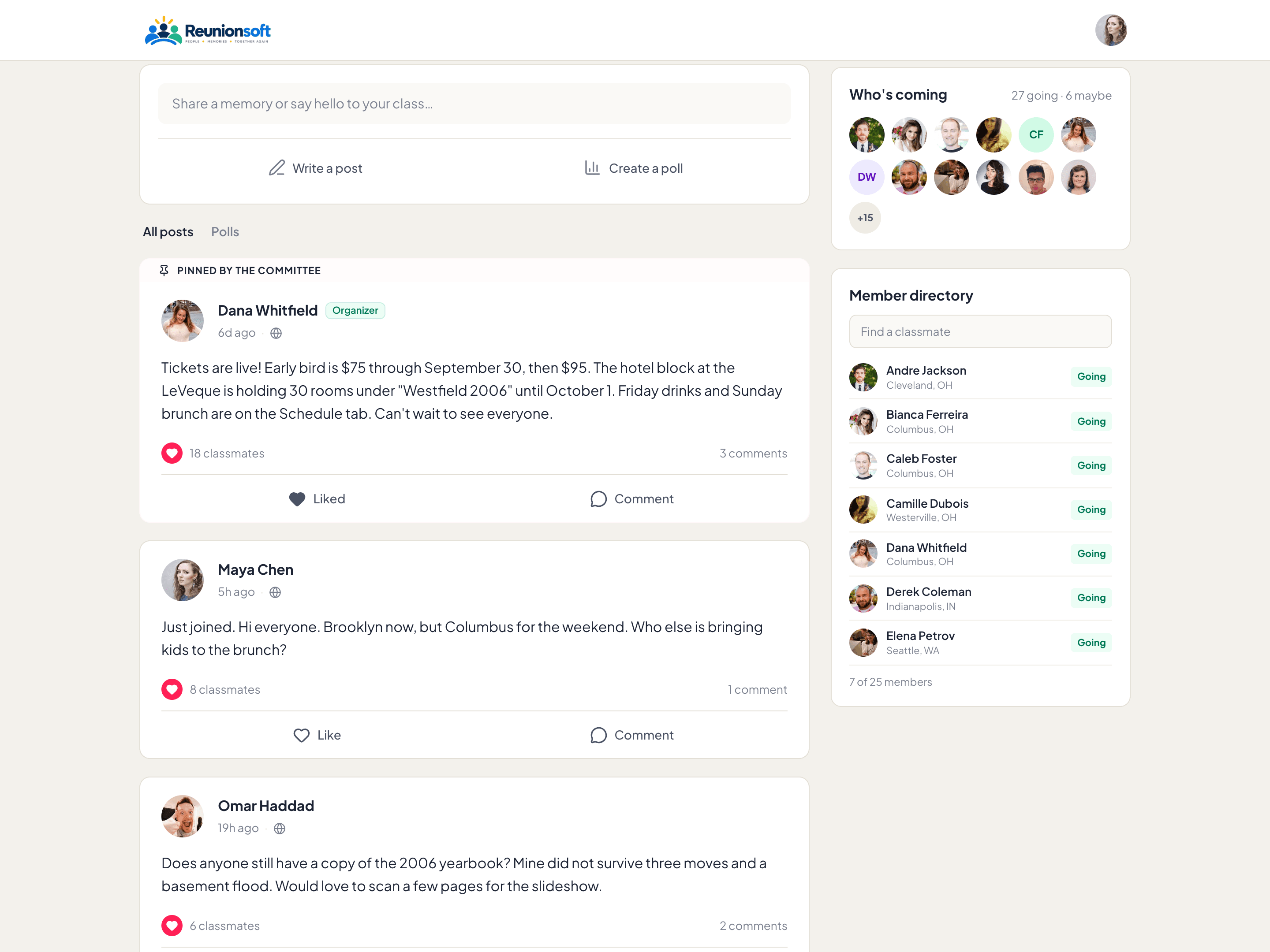 The class group on a Reunionsoft reunion site: a composer to write a post or create a poll, a pinned announcement from the reunion chair with 18 likes and 3 comments, classmate posts, a who's coming grid with 27 going, and a searchable member directory