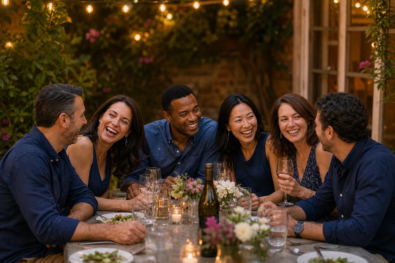 Six old friends laughing together at a candlelit dinner under string lights