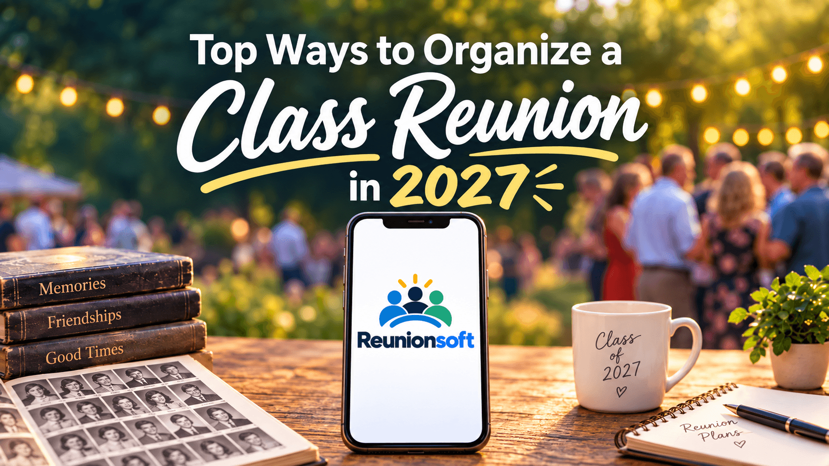 Top Ways to Organize a Class Reunion in 2027, with Reunionsoft on a phone, yearbooks, and an outdoor gathering