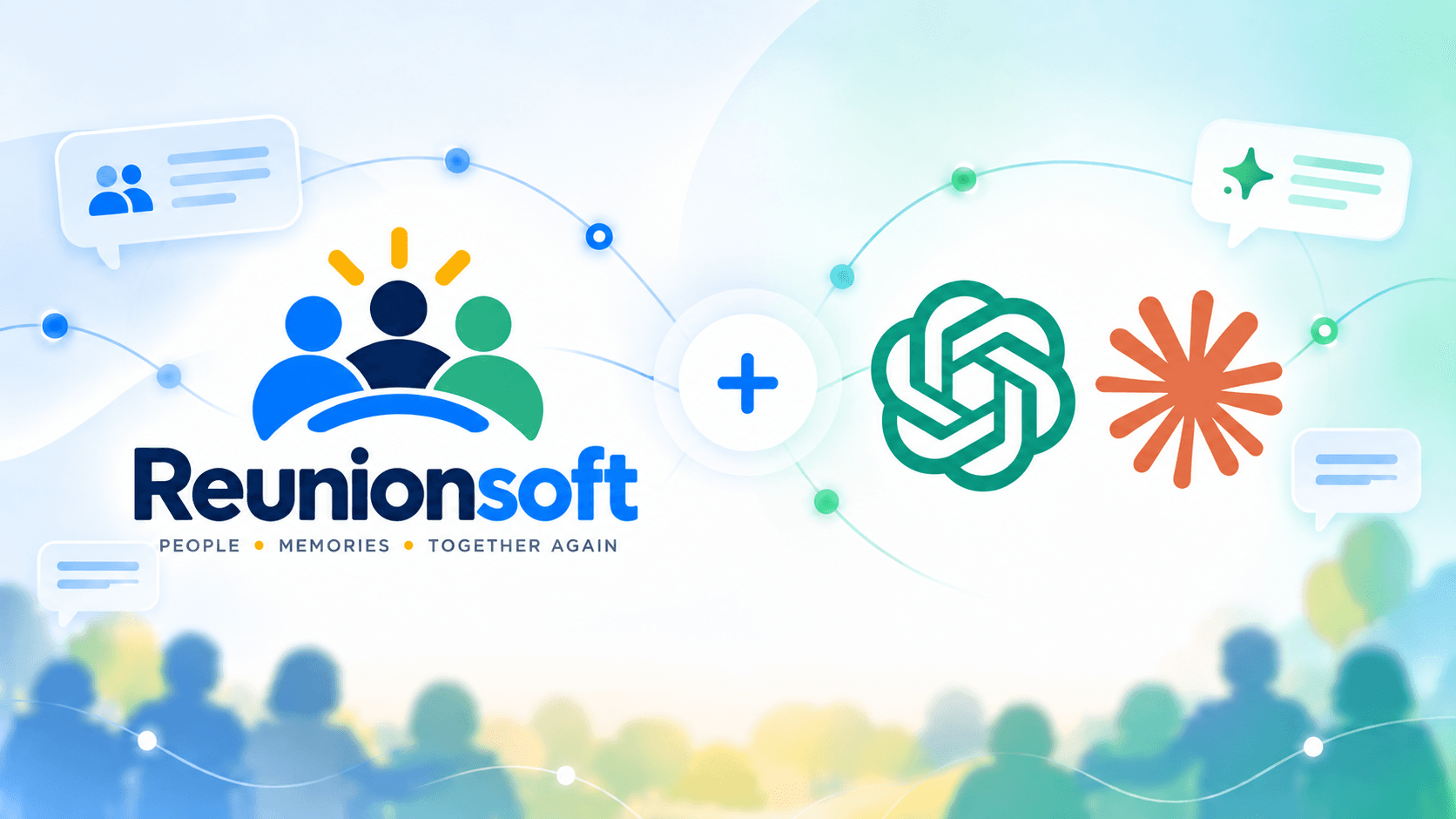 Reunionsoft plus the ChatGPT and Claude logos, connected by chat bubbles over a blurred crowd of classmates