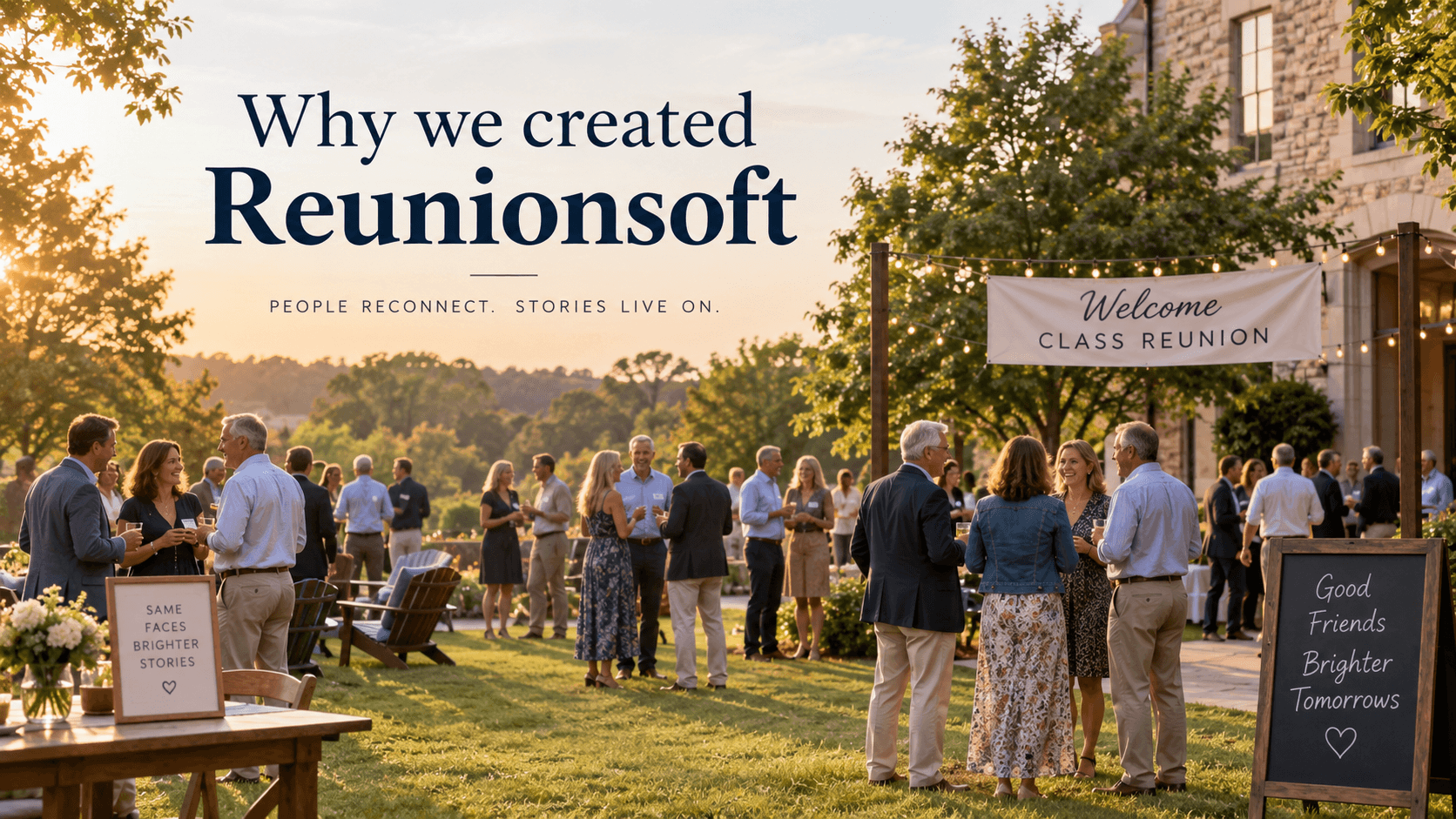 Why we created Reunionsoft, with classmates reconnecting at an outdoor reunion under string lights