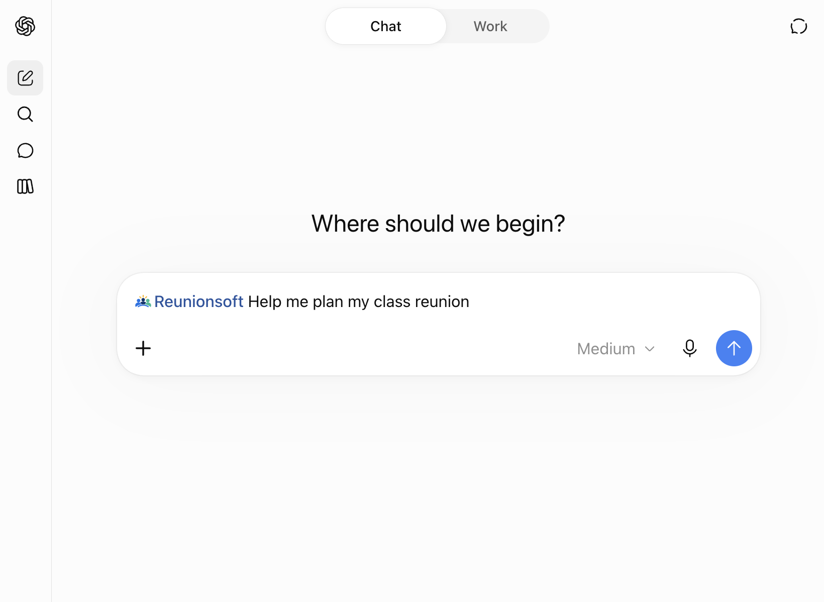 ChatGPT with the Reunionsoft plugin selected and the prompt "Help me plan my class reunion"